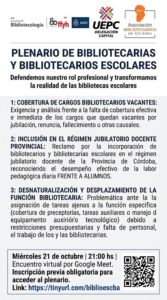 📌[Convocatoria Virtual]👉Plenario de Bibliotecarios y Bibliotecarias Escolares, Miércoles 21/10 a las 21 hs.📚📖🇦🇷